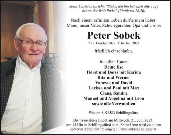 Traueranzeige von Peter Sobek von Rothenburg