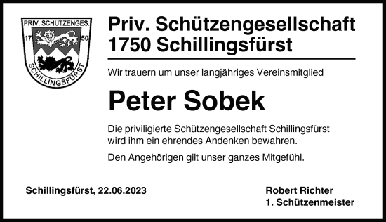 Traueranzeige von Peter Sobek von Rothenburg