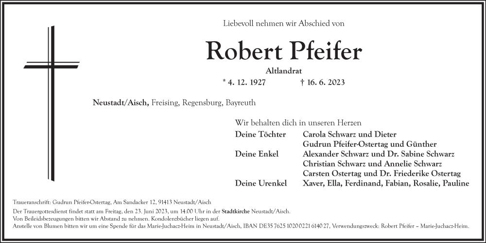  Traueranzeige für Robert Pfeifer vom 19.06.2023 aus Neustadt/ Scheinfeld/ Uffenheim