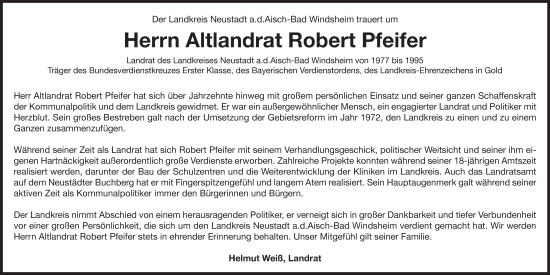 Traueranzeige von Robert Pfeifer von Neustadt/ Scheinfeld/ Uffenheim