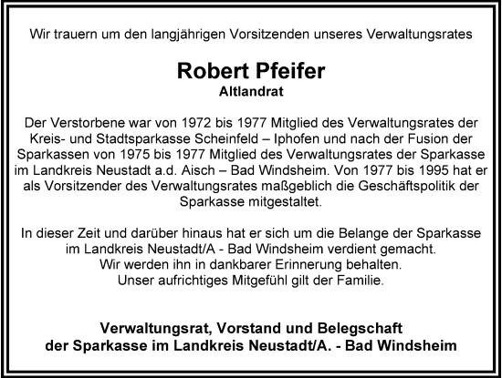 Traueranzeige von Robert Pfeifer von Neustadt/ Scheinfeld/ Uffenheim