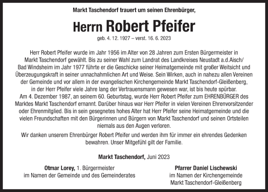 Traueranzeige von Robert Pfeifer von Neustadt/ Scheinfeld/ Uffenheim