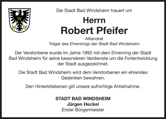 Traueranzeige von Robert Pfeifer von Neustadt/ Scheinfeld/ Uffenheim