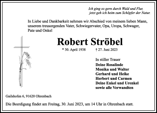 Traueranzeige von Robert Ströbel von Rothenburg