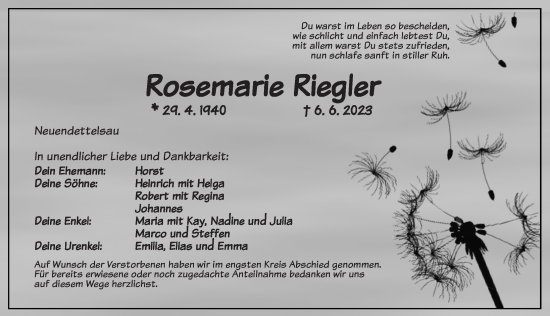 Traueranzeige von Rosemarie Riegler von Ansbach