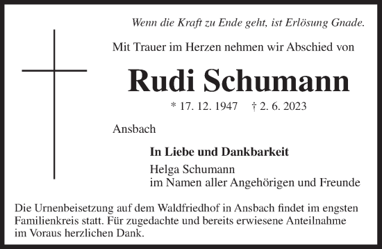 Traueranzeige von Rudi Schumann von Ansbach