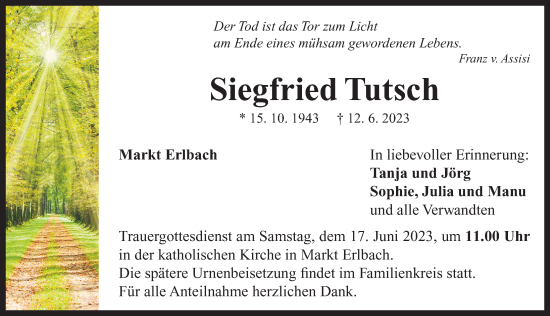 Traueranzeige von Siegfried Tutsch von Neustadt/ Scheinfeld/ Uffenheim