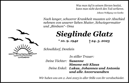 Traueranzeige von Sieglinde Glatz von Dinkelsbühl/ Feuchtwangen