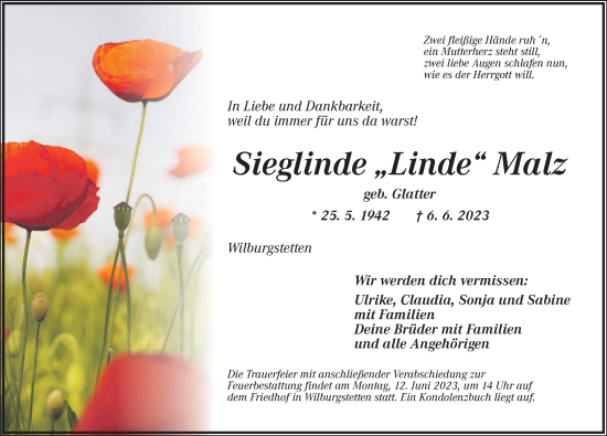 Traueranzeige von Sieglinde Malz von Dinkelsbühl/ Feuchtwangen