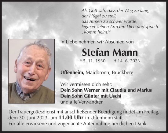 Traueranzeige von Stefan Mann von Neustadt/ Scheinfeld/ Uffenheim