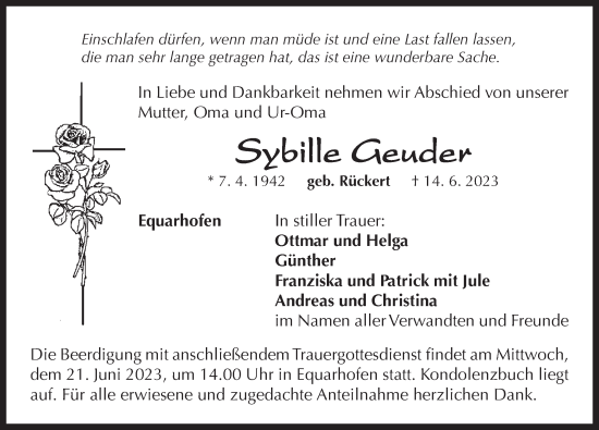 Traueranzeige von Sybille Geuder von Neustadt/ Scheinfeld/ Uffenheim