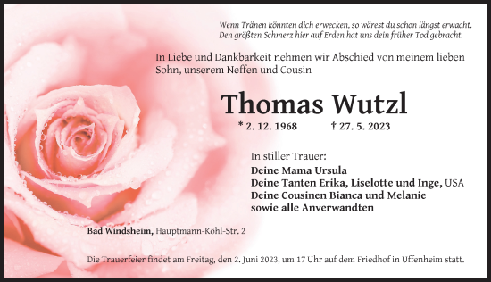 Traueranzeige von Thomas Wutzl von Neustadt/ Scheinfeld/ Uffenheim