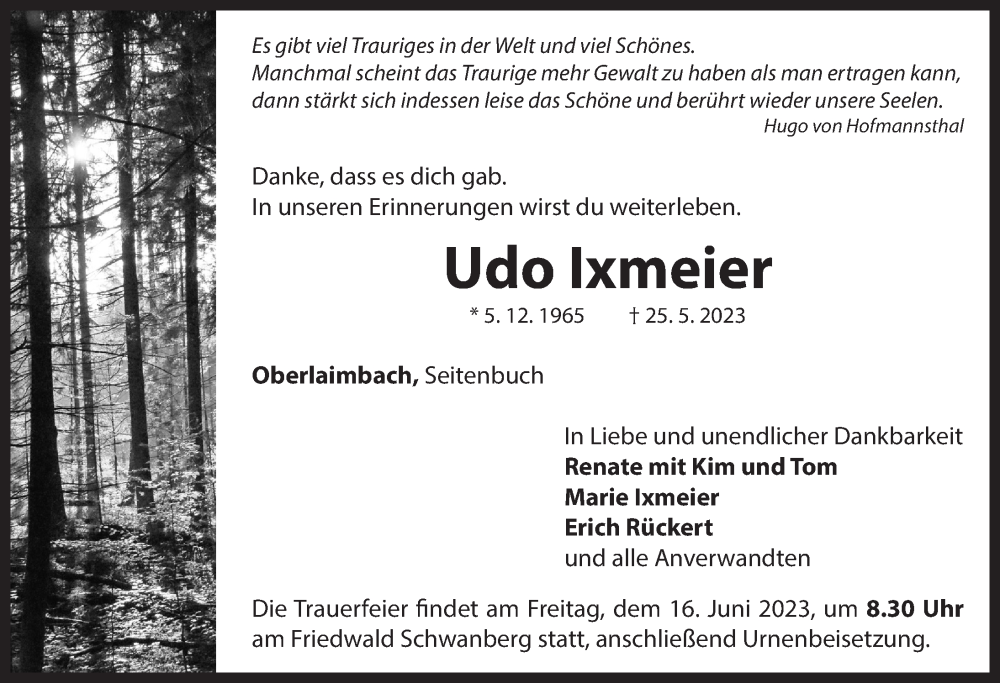  Traueranzeige für Udo Ixmeier vom 15.06.2023 aus Neustadt/ Scheinfeld/ Uffenheim