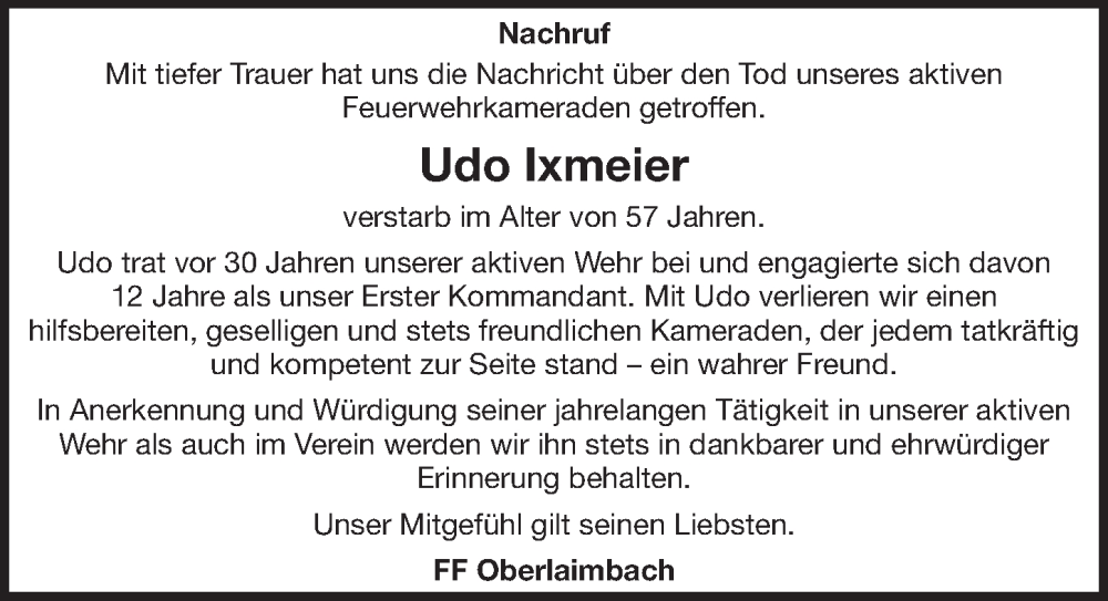  Traueranzeige für Udo Ixmeier vom 15.06.2023 aus Neustadt/ Scheinfeld/ Uffenheim