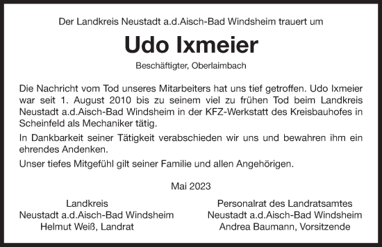 Traueranzeige von Udo lxmeier von Neustadt/ Scheinfeld/ Uffenheim
