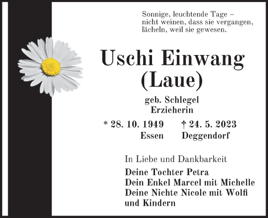 Traueranzeige von Uschi Einwang von Ansbach