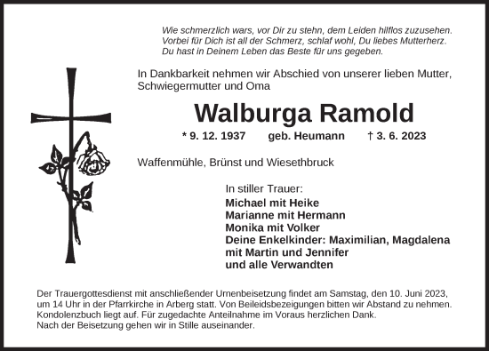 Traueranzeige von Walburga Ramold von Ansbach