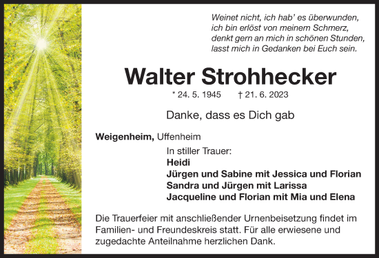 Traueranzeige von Walter Strohhecker von Neustadt/ Scheinfeld/ Uffenheim