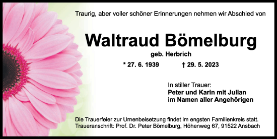Traueranzeige von Waltraud Bömelburg von Ansbach