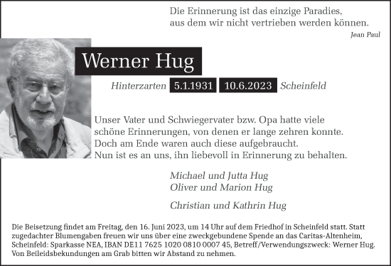 Traueranzeige von Werner Hug von Neustadt/ Scheinfeld/ Uffenheim