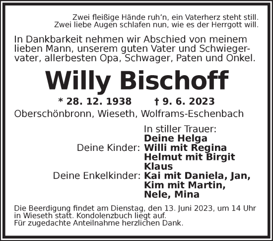 Traueranzeige von Willy Bischoff von Ansbach