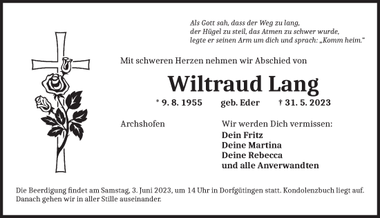 Traueranzeige von Wiltraud Lang von Dinkelsbühl/ Feuchtwangen