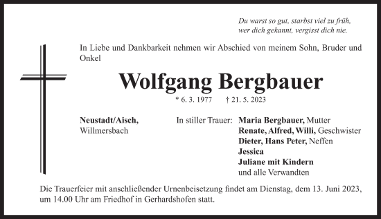 Traueranzeige von Wolfgang Bergbauer von Neustadt/ Scheinfeld/ Uffenheim