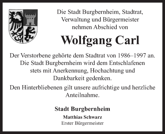 Traueranzeige von Wolfgang Carl von Neustadt/ Scheinfeld/ Uffenheim