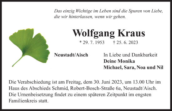 Traueranzeige von Wolfgang Kraus von Neustadt/ Scheinfeld/ Uffenheim