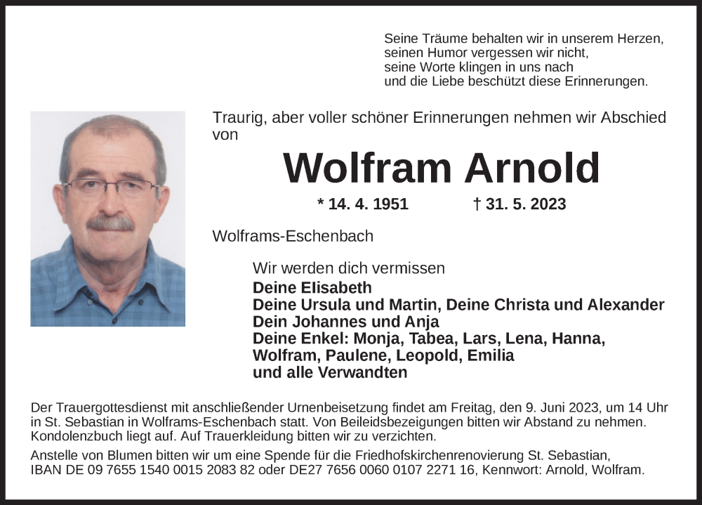  Traueranzeige für Wolfram Arnold vom 06.06.2023 aus Ansbach