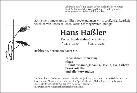 Traueranzeige von Hans Haßler von Ansbach
