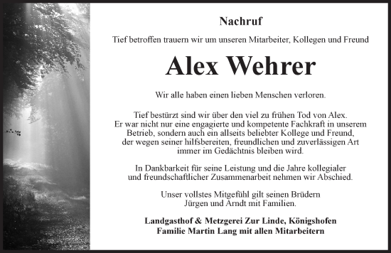 Traueranzeige von Alex Wehrer von Dinkelsbühl/ Feuchtwangen