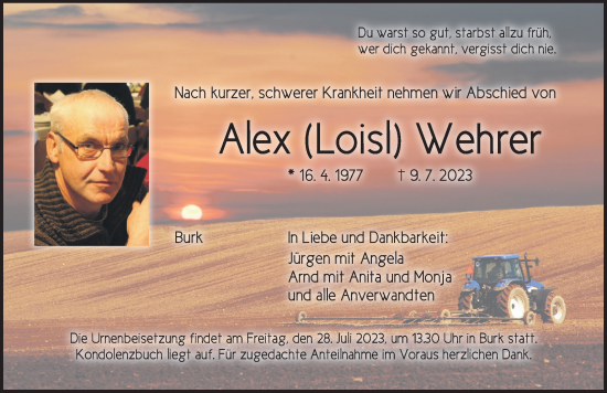 Traueranzeige von Alex Wehrer von Dinkelsbühl/ Feuchtwangen