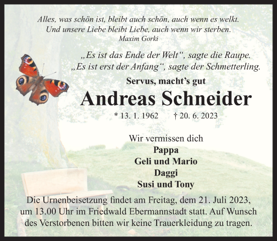 Traueranzeige von Andreas Schneider von Neustadt/ Scheinfeld/ Uffenheim