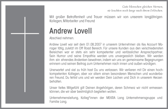 Traueranzeige von Andrew Lovell von Ansbach