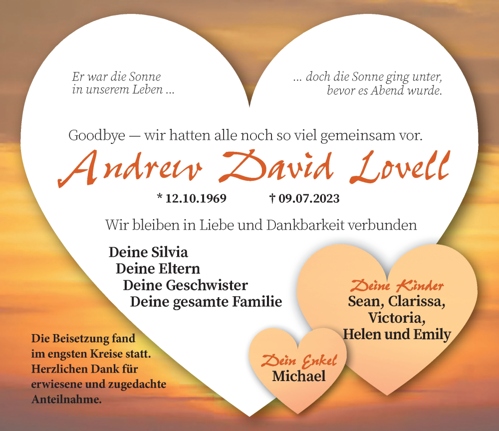  Traueranzeige für Andrew David Lovell vom 28.07.2023 aus Ansbach