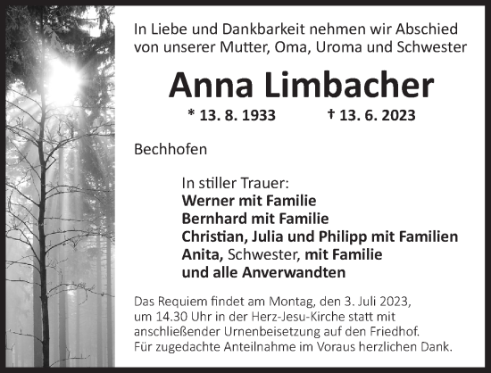 Traueranzeige von Anna Limbacher von Ansbach