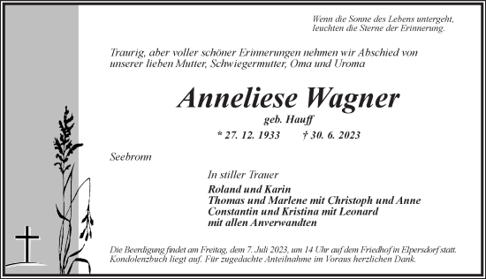 Traueranzeige von Anneliese Wagner von GE