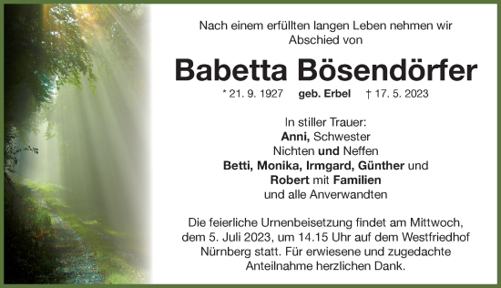 Traueranzeige von Babetta Bösendörfer von Neustadt/ Scheinfeld/ Uffenheim