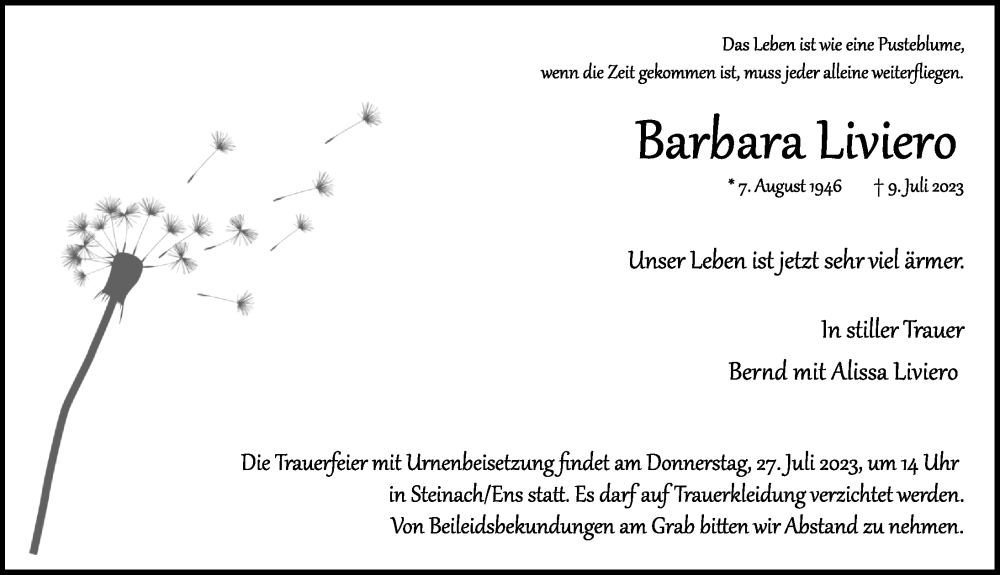  Traueranzeige für Barbara Liviero vom 25.07.2023 aus Rothenburg