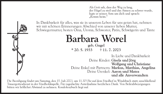 Traueranzeige von Barbara Worel von Ansbach