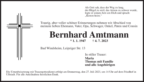 Traueranzeige von Bernhard Amtmann von Neustadt/ Scheinfeld/ Uffenheim