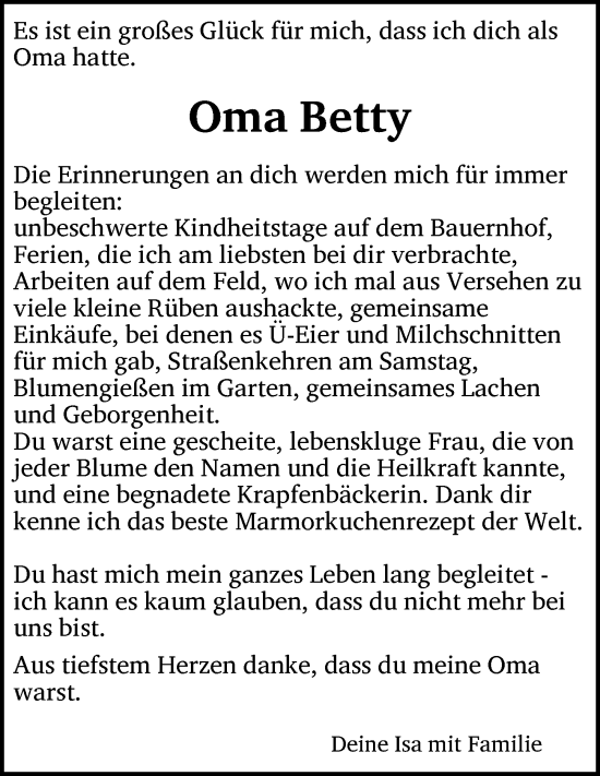 Traueranzeige von Betty  von Neustadt/ Scheinfeld/ Uffenheim