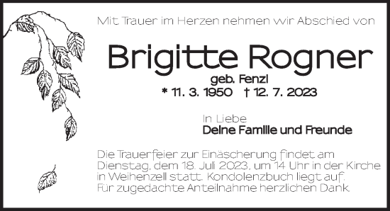 Traueranzeige von Brigitte Rogner von Ansbach