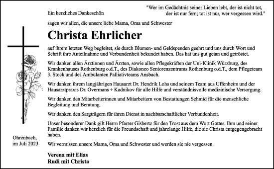 Traueranzeige von Christa Ehrlicher von Rothenburg
