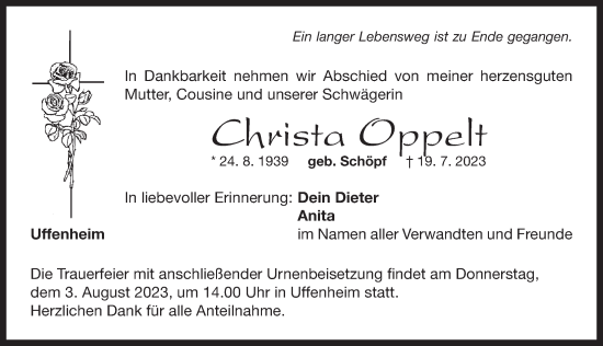 Traueranzeige von Christa Oppelt von Neustadt/ Scheinfeld/ Uffenheim