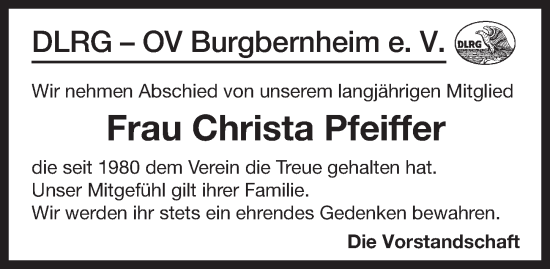 Traueranzeige von Christa Pfeiffer von Neustadt/ Scheinfeld/ Uffenheim
