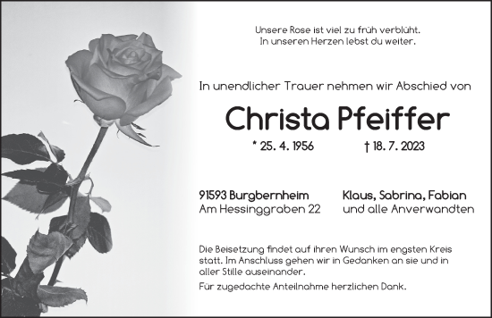 Traueranzeige von Christa Pfeiffer von Neustadt/ Scheinfeld/ Uffenheim