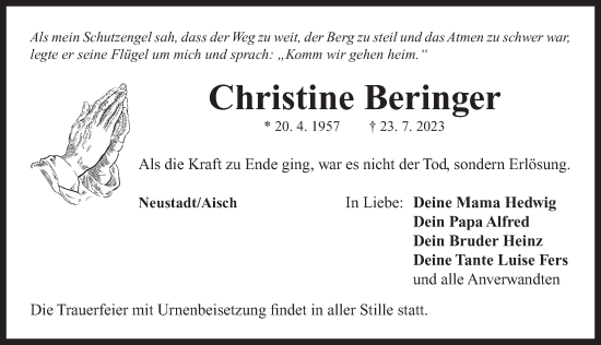 Traueranzeige von Christine Beringer von Neustadt/ Scheinfeld/ Uffenheim