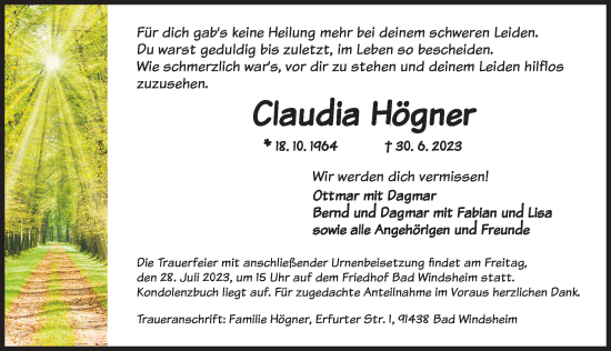 Traueranzeige von Claudia Högner von Neustadt/ Scheinfeld/ Uffenheim